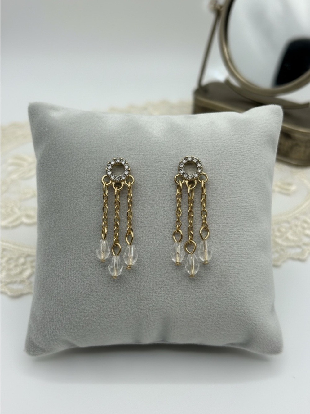 Gold Tone Crystal Circle Dangle Earrings Clear Bead Fringe Drop Earrings NWOT